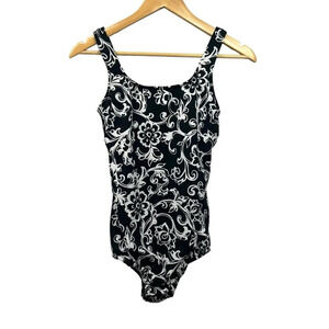 LANDS END Womens Size 8 Black White Floral One Piece Swimsuit